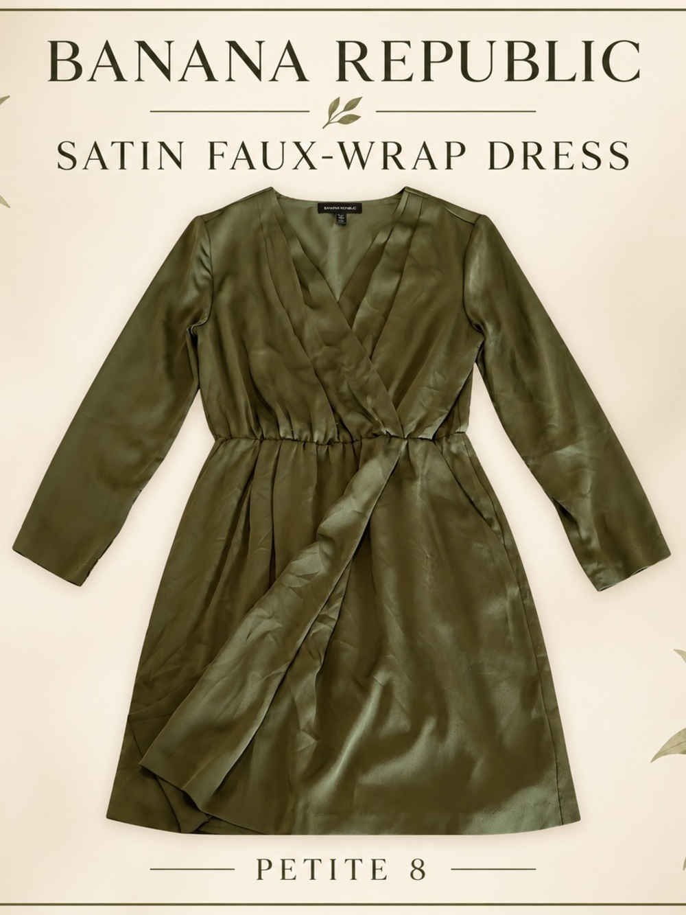 #0359 Banana Republic Olive Green Faux-Wrap Dress Petite 8